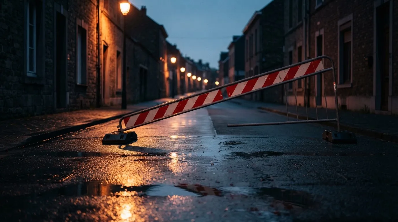 Czerwono-biała rogatka drogowa zagradza pustą ulicę o zmierzchu, mokry asfalt odbija światło latarni.