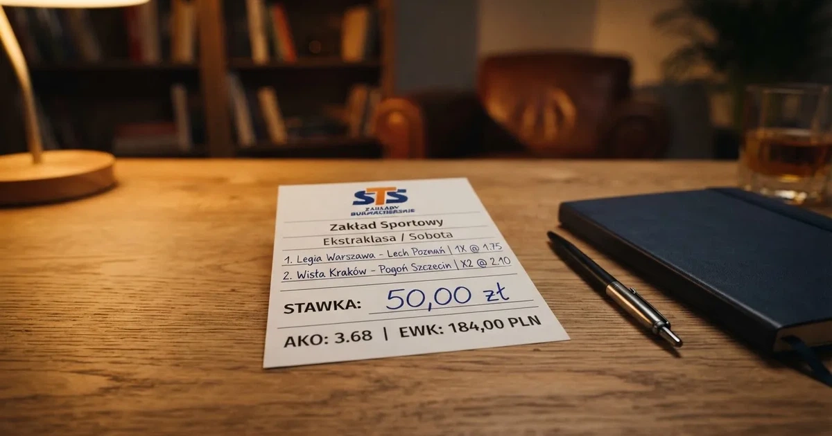 Pusty papierowy kupon zakładu leży na stole obok długopisu, ciepłe światło lampy pada na blat.