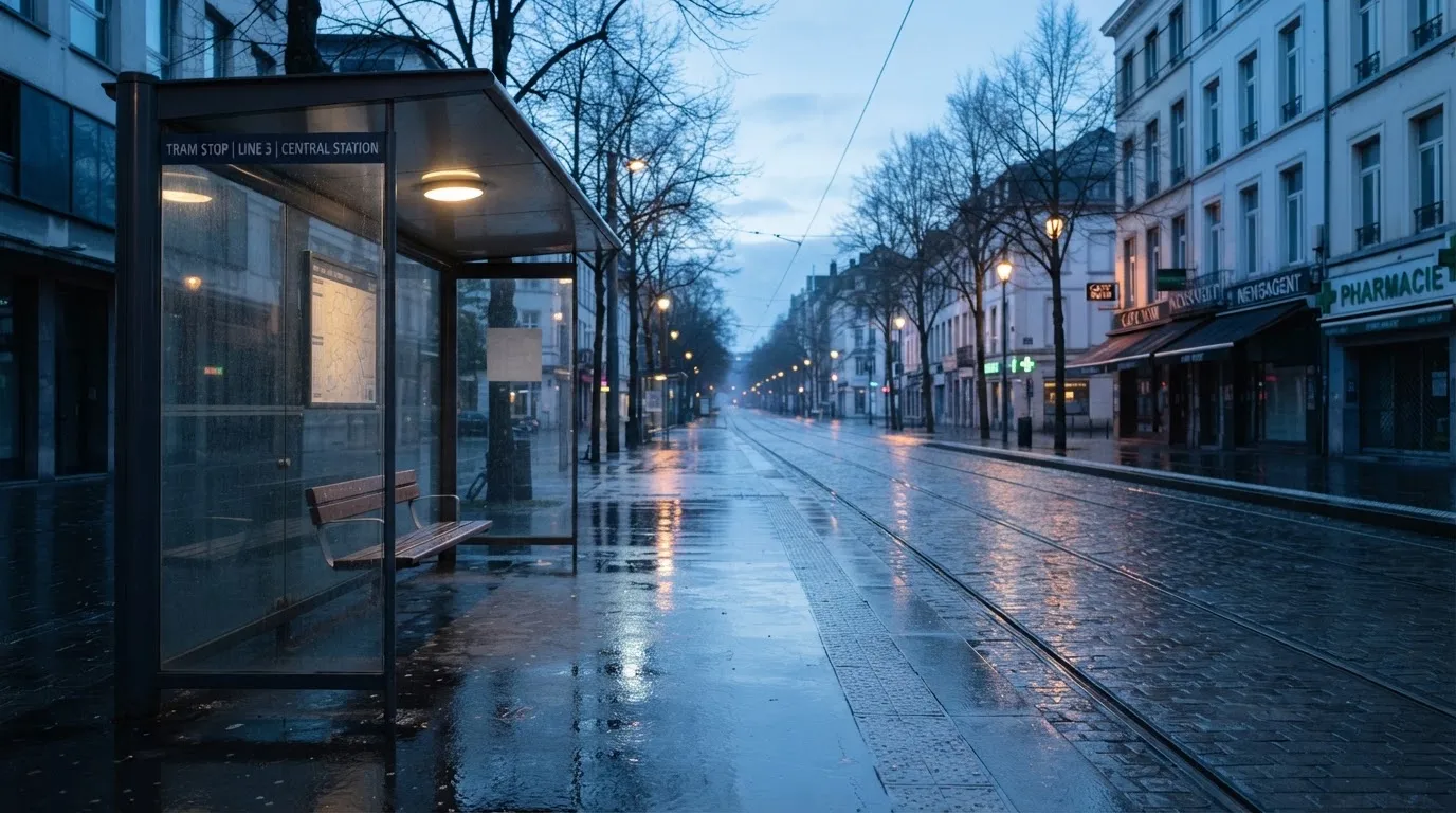 Pusta wiata przystanku tramwajowego na miejskiej ulicy o świcie, pusta ławka i mokry chodnik.