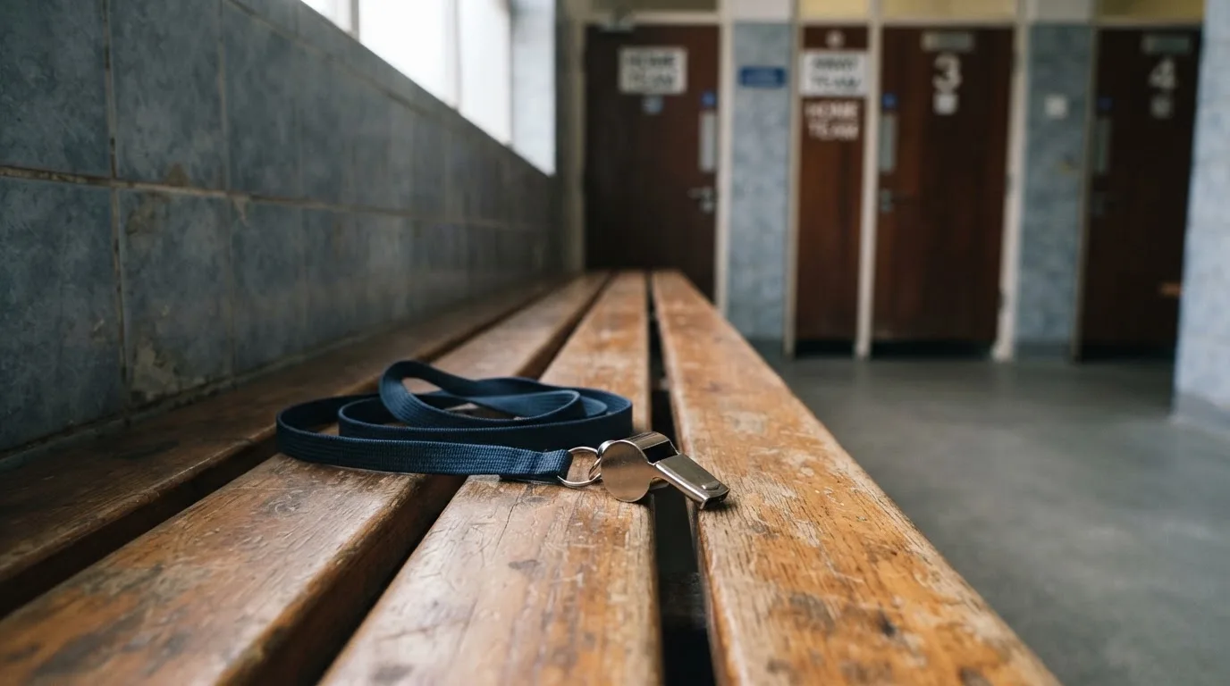 Gwizdek sędziowski na smyczy leży na drewnianej ławce w korytarzu przy szatniach.