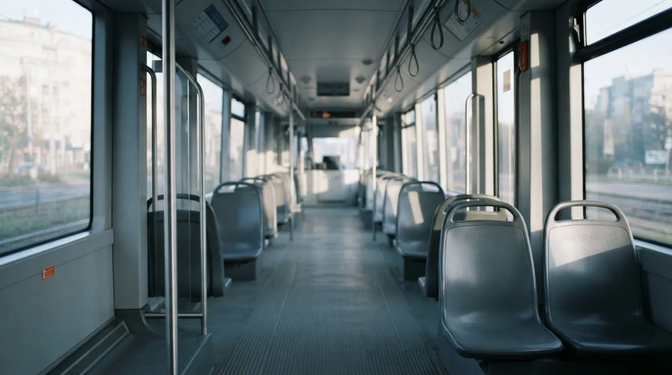 Wnętrze pustego tramwaju z rzędami siedzeń i poręczą w porannym świetle.