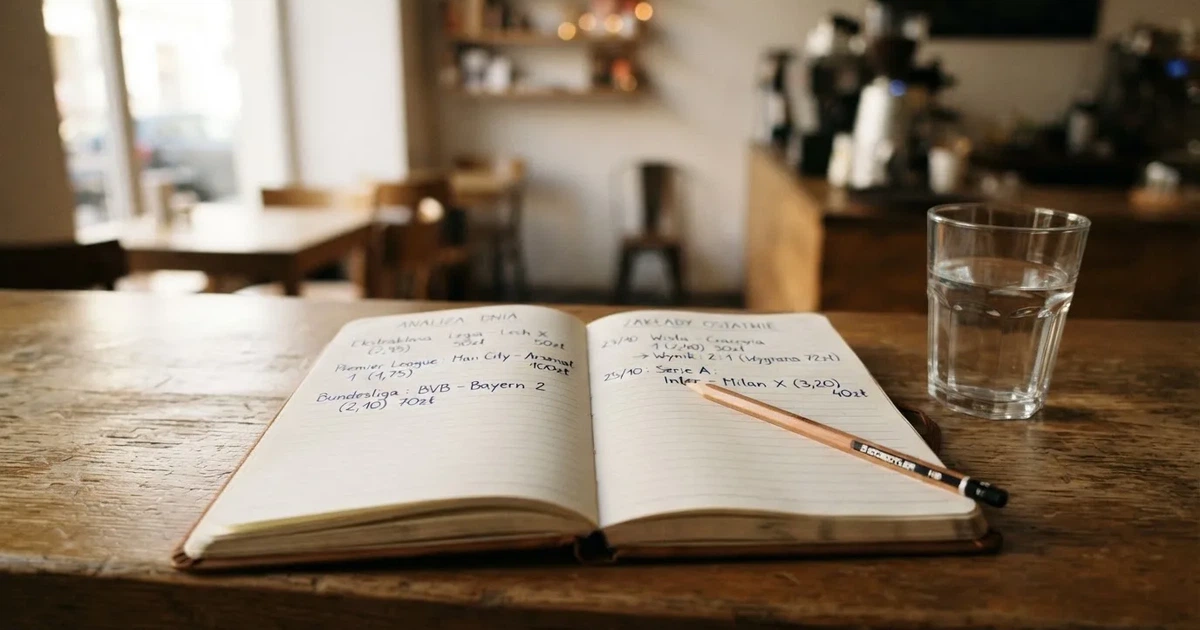 Otwarty notes z odręcznymi notatkami i ołówkiem leży na blacie w kawiarni obok szklanki wody.