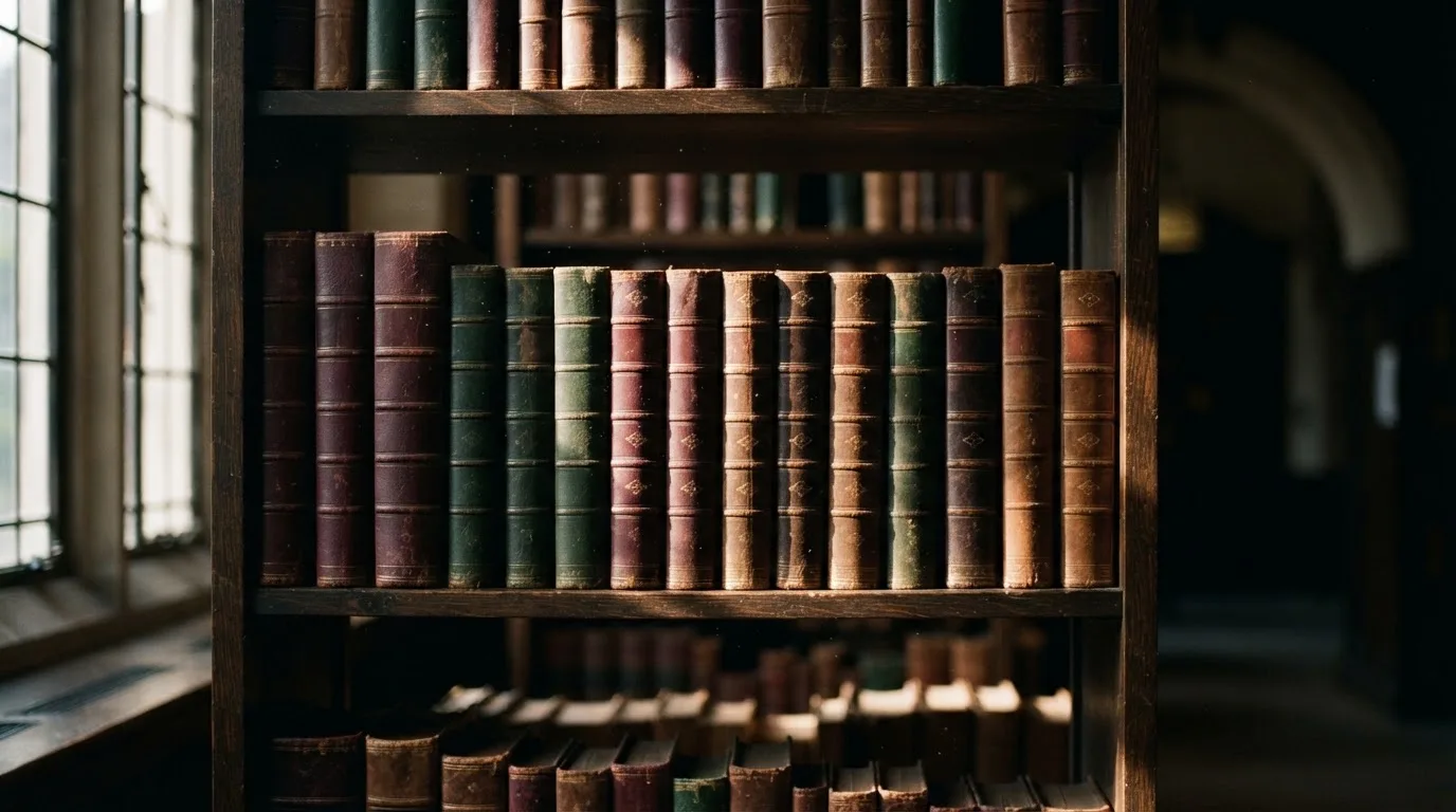 Regał z zamkniętymi książkami w skórzanych oprawach w cichej bibliotece, światło pada z boku.