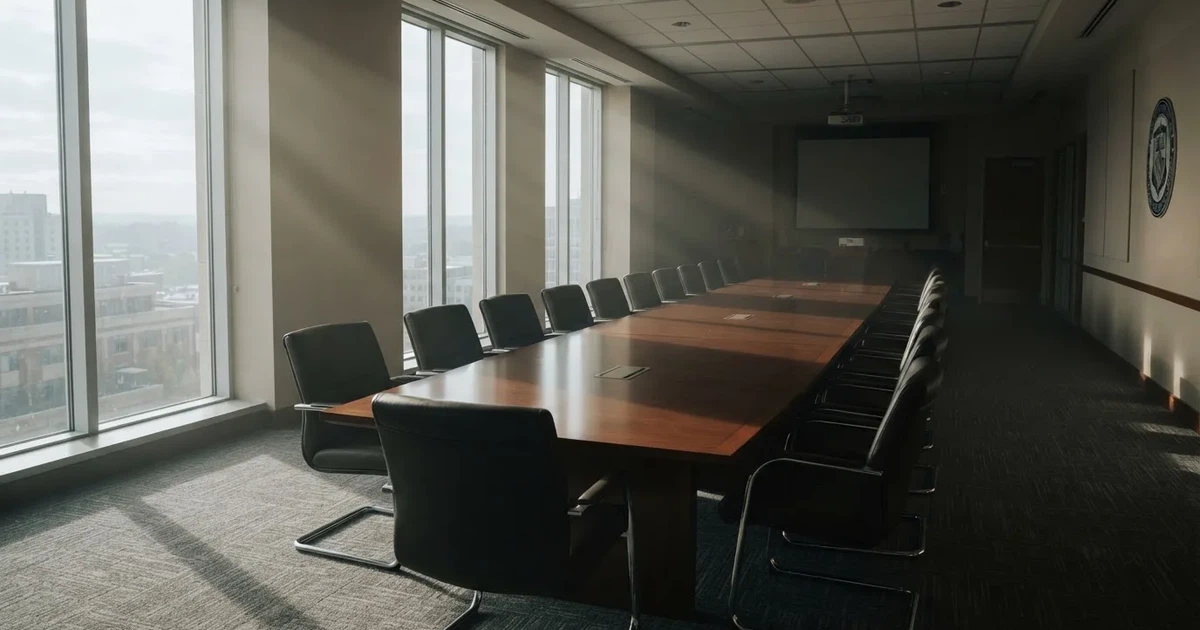 Pusta sala konferencyjna z długim stołem i skórzanymi krzesłami, światło wpada przez wysokie okna.