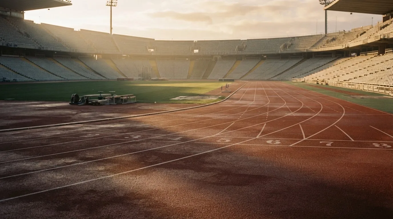 Bieżnia lekkoatletyczna wygięta w łuk pustego stadionu w porannym słońcu.