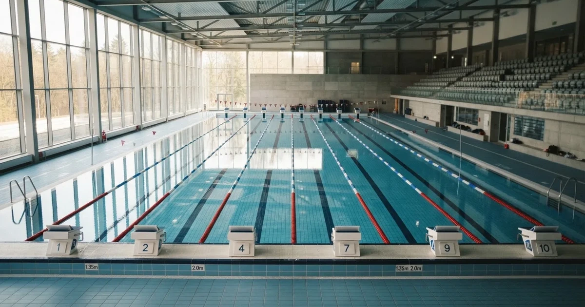 Pusty basen olimpijski z równymi torami i spokojną taflą wody, widok z trybun w jasnym świetle.