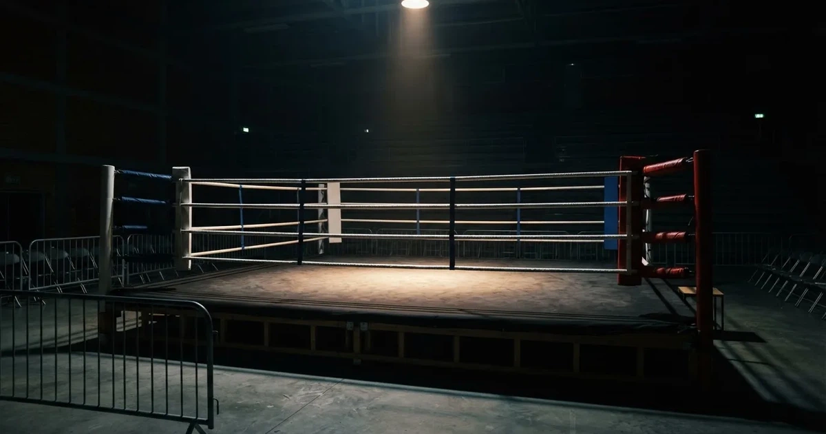 Ring bokserski w pustej hali oświetlony pojedynczym reflektorem, liny napięte, podłoże z ciemnego płótna.
