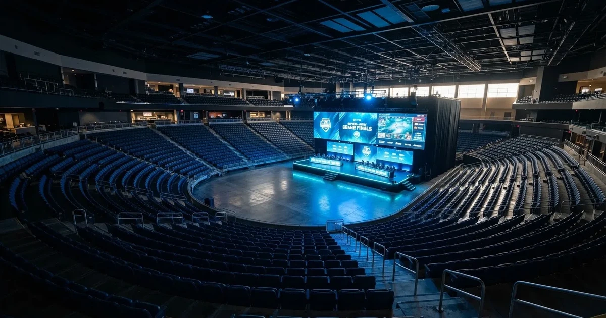 Pusta arena z półkolem siedzisk i oświetloną niebieskim światłem sceną, widok z góry na rzędy foteli.