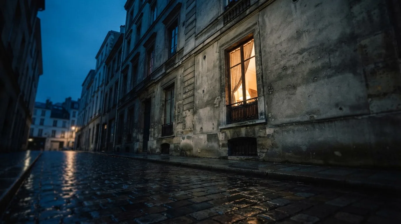 Szare okno kamienicy wieczorem, w którym pali się lampa, pod nim mokry bruk uliczki.