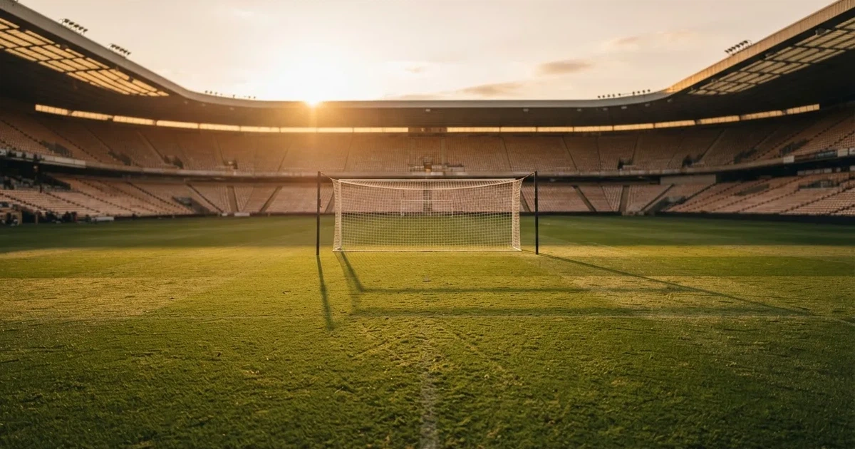 Murawa stadionu o zachodzie słońca z długimi cieniami słupków bramki, trybuny w ciepłym świetle.