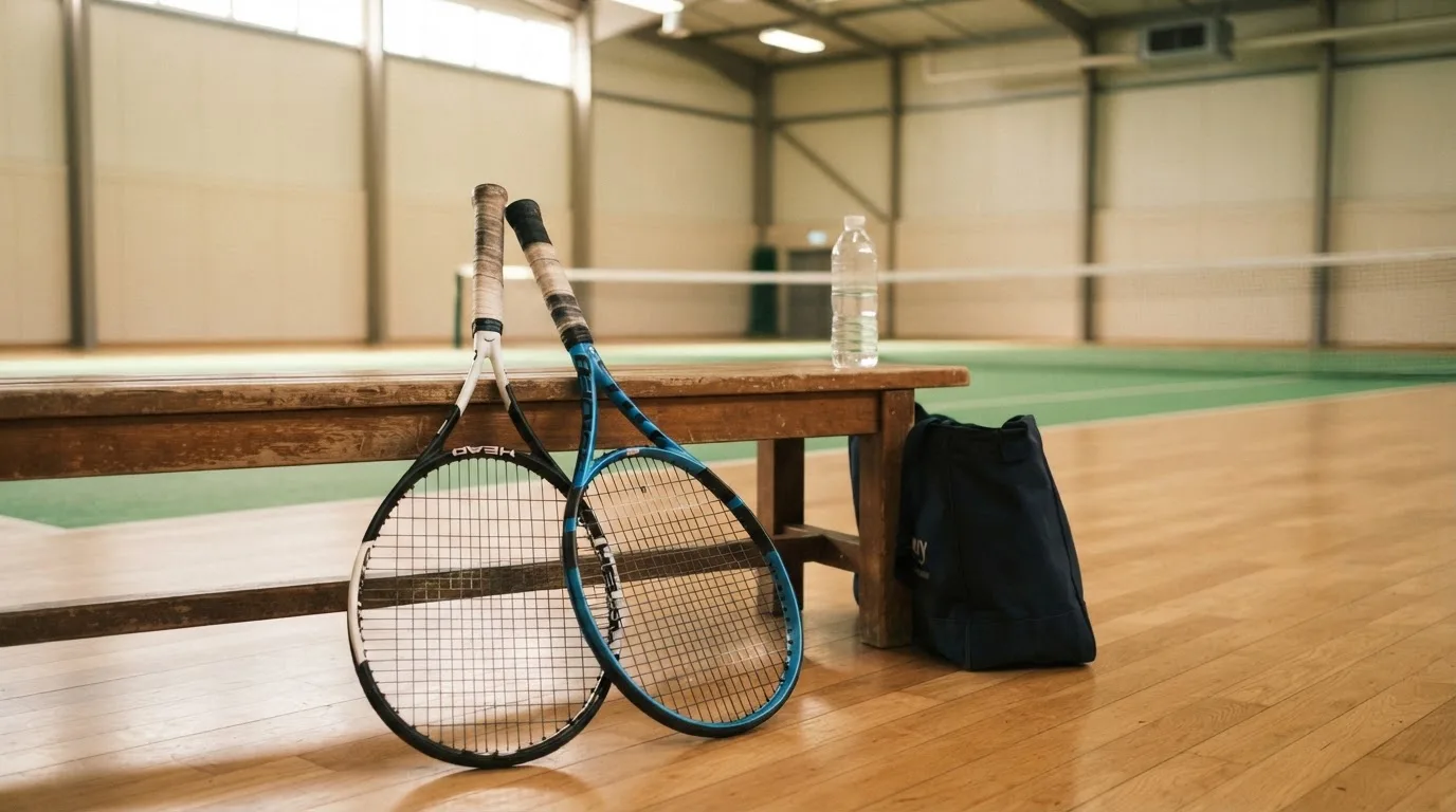 Dwie rakiety tenisowe oparte o ławkę obok sportowej torby i butelki wody w pustej hali treningowej.
