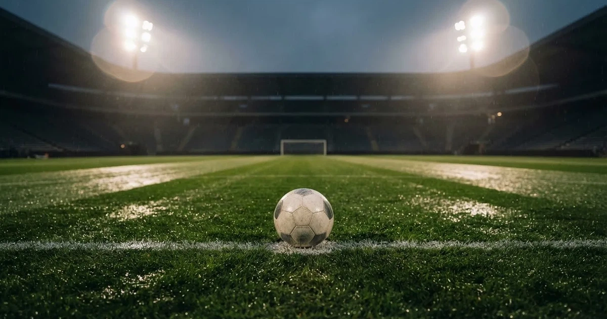 Futbolowa piłka stoi na punkcie karnym w pustym stadionie podczas mżawki, w tle rozmyte trybuny i jasne światło masztów.