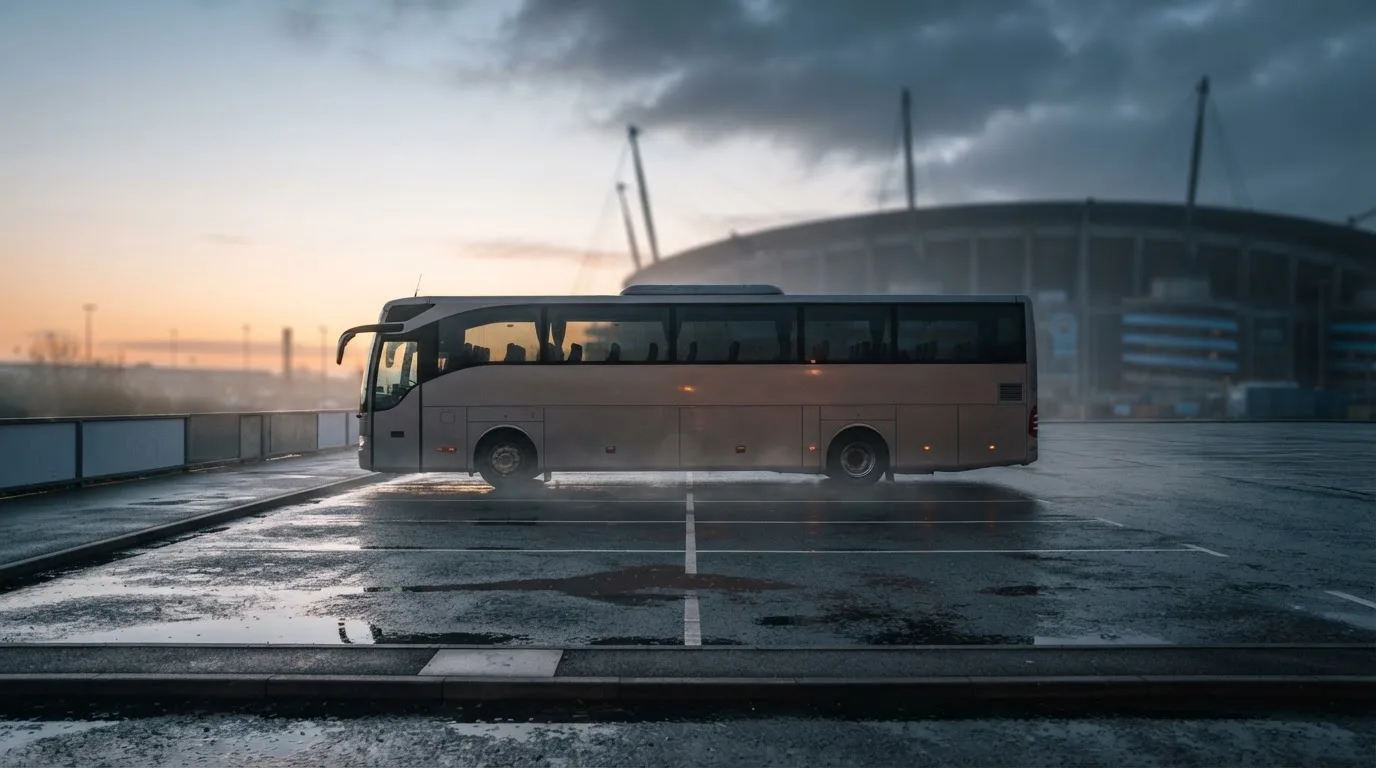 Autokar stoi na parkingu przed stadionem o świcie, rozmyte kontury trybun w tle, pusty plac i mokry asfalt.