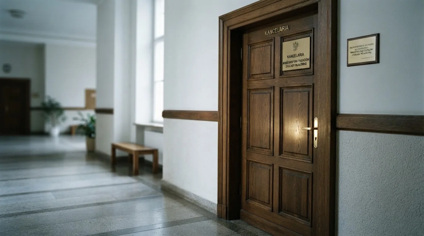 Ciężkie drewniane drzwi z mosiężną klamką w korytarzu urzędowym, ujęcie z boku w chłodnym świetle okna.
