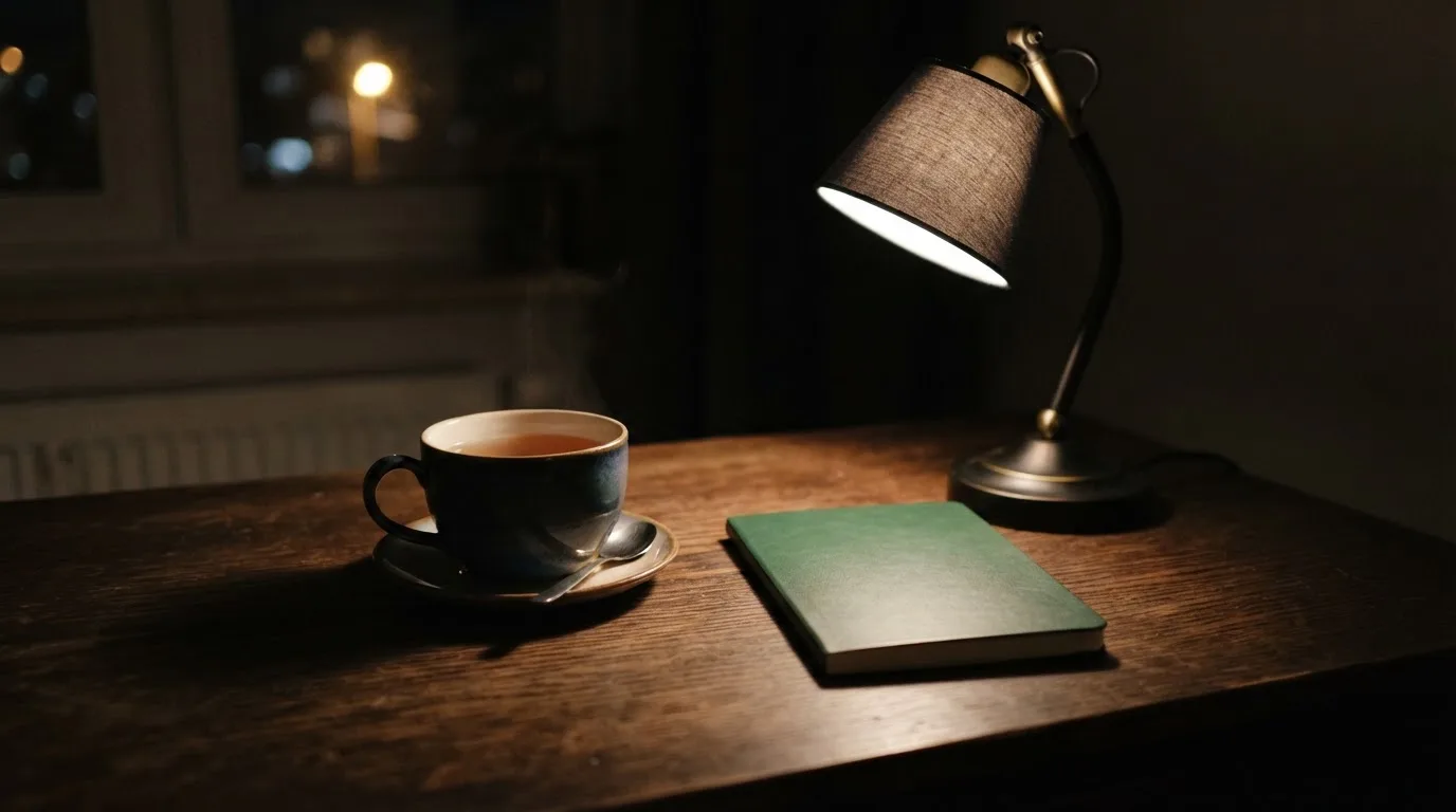 Filiżanka stygnącej herbaty i zgaszona lampka na biurku nocą, obok leży zamknięty zeszyt.